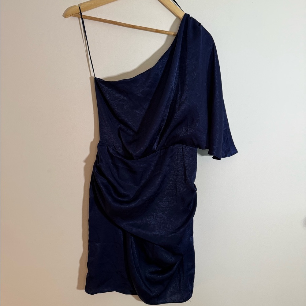 Pink Lily One Shoulder Dark Blue Ruched Mini Dress Size Small